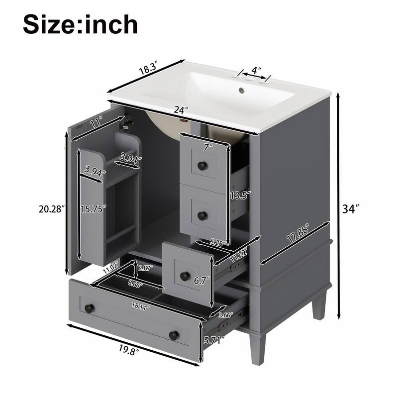 24" Bathroom Vanity with Ceramic Sink, Soft-Close Drawers, Soft-Close Door & Door-Mounted Shelf