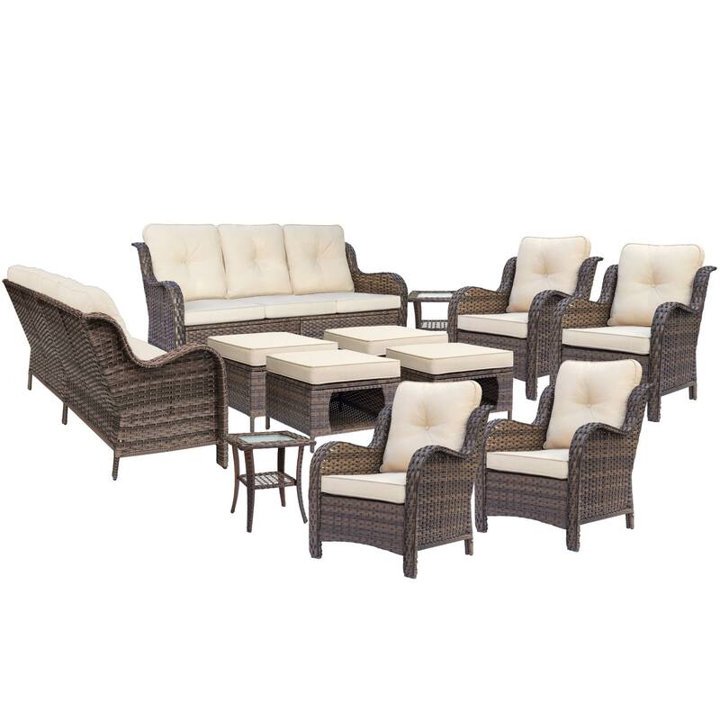 Outdoor Brown Wicker Patio Furniture Seating Sets with Beige Cushions