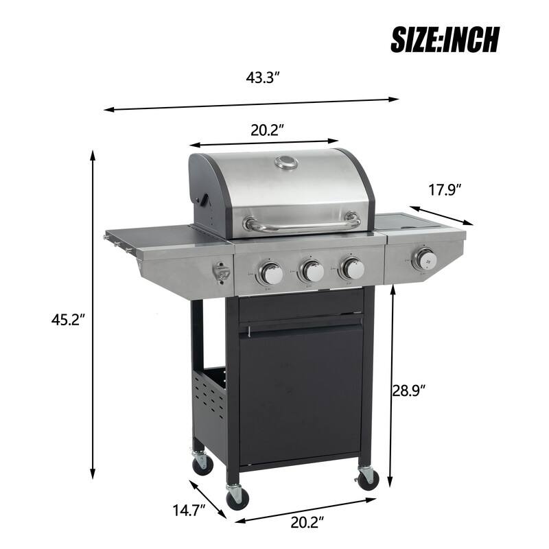 Stainless Steel 3 Burner Propane Grill, 37,000 BTU Outdoor Barbecue Grill with Side Burner for Patio and Garden - 3 Burner