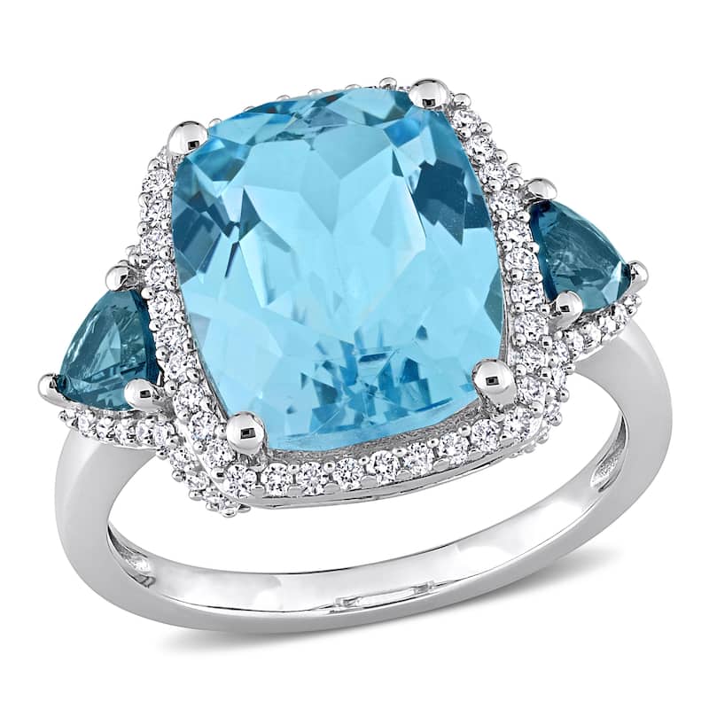 Miadora London & Sky Blue Topaz and 1/3ct TDW Diamond 3-Stone Halo Cocktail Ring in 14k White Gold