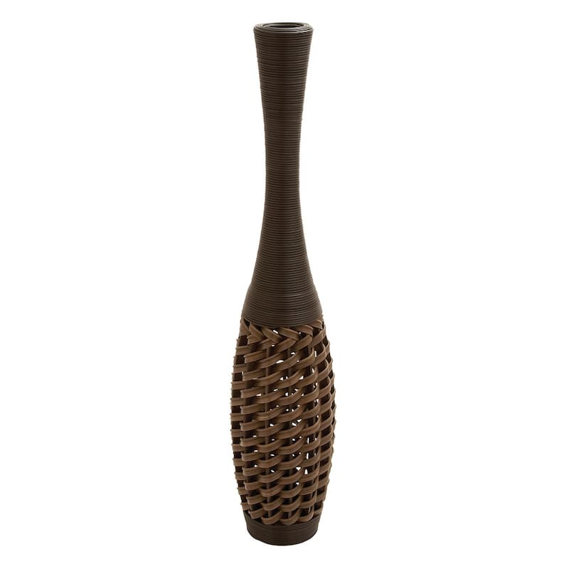 Brown Faux Seagrass Tall Woven Floor Decorative Vase with Dark Brown Wrapped Neck