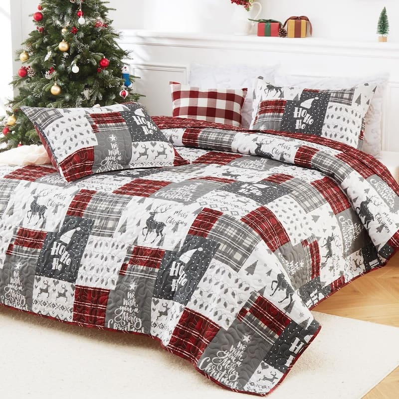 Christmas Plaid Quilts Coverlet Bed Set with Pillow Shams, Bedding Set - Queen