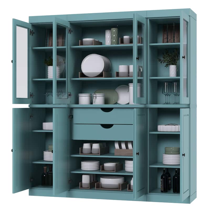 Palace Imports 100% Solid Wood Kitchen China Cabinet Pantry with Glass or Solid Wood Doors and 2-Drawer Kit - 65" x 71.5"