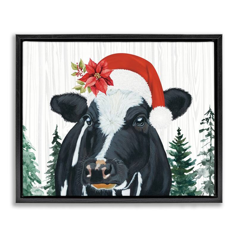 Stupell Christmas Hat Cow Portrait Framed Floater Canvas Wall Art Design By Ashley Justice - 31 x 25 - Black