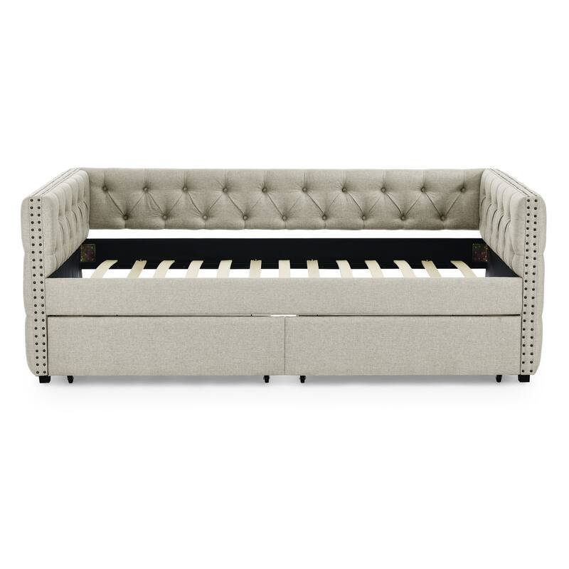 Tufted Daybed Upholstered Frame Sofa Bed with Button Copper Nail on Square Arms, and Pull-out Trundle Bed or Storage Drawers