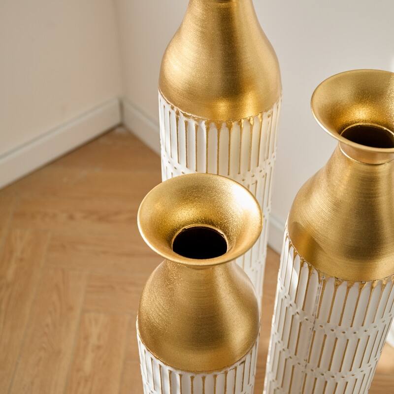 Set of 3 Tall White & Gold Metal Cylinder Vases - Glam Geometric Floor Vases for Modern Home Decor (24", 28.7", 33.4" Heights)