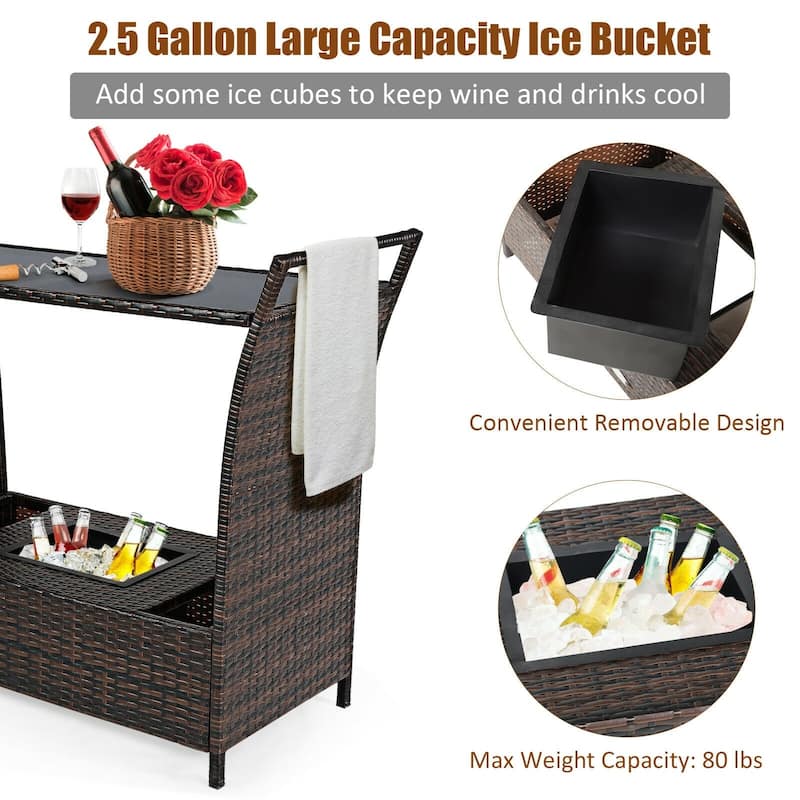 Patio Rattan Bar Serving Cart with Glass Top and Handle - 43" x 18" x 26" (L x W x H)