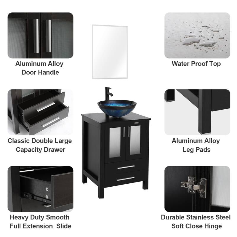 eclife 24" Classical Bathroom Vanity Set with Tempered Glass Vessel Sink Oil Rubbed Bronze Faucet and Drain