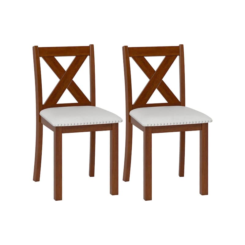 Beige Linen Upholstered Dining Chairs Set of 2 with Acacia Wood Legs Padded Seats and Curved Backrest - 17.5" x 21" x 36"