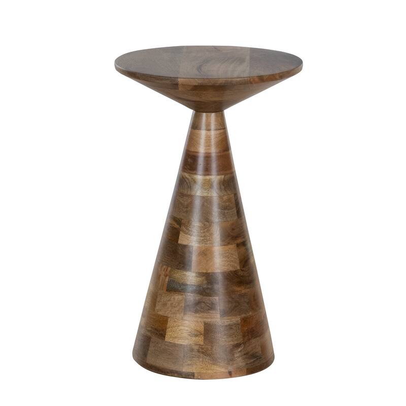 Modern Cone-Shaped Mango Wood Accent Table with Patchwork Tile Pattern in Natural Stained Finish