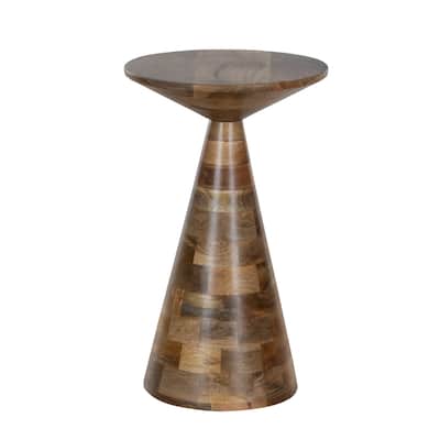 Modern Cone-Shaped Mango Wood Accent Table with Patchwork Tile Pattern in Natural Stained Finish