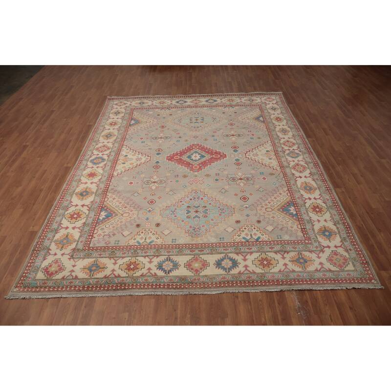 Hand Knotted Oriental 100% Wool Carpet Traditional Geometric Greys & Charcoal Kazak Area Rug - 11' 6'' X 8' 11''
