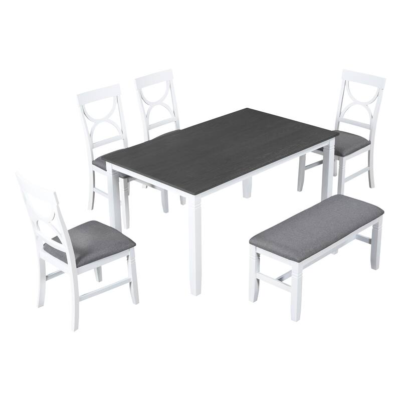 White Farmhouse 6-Piece Wooden Dining Table Set with Rectangular Table & 4 Chairs