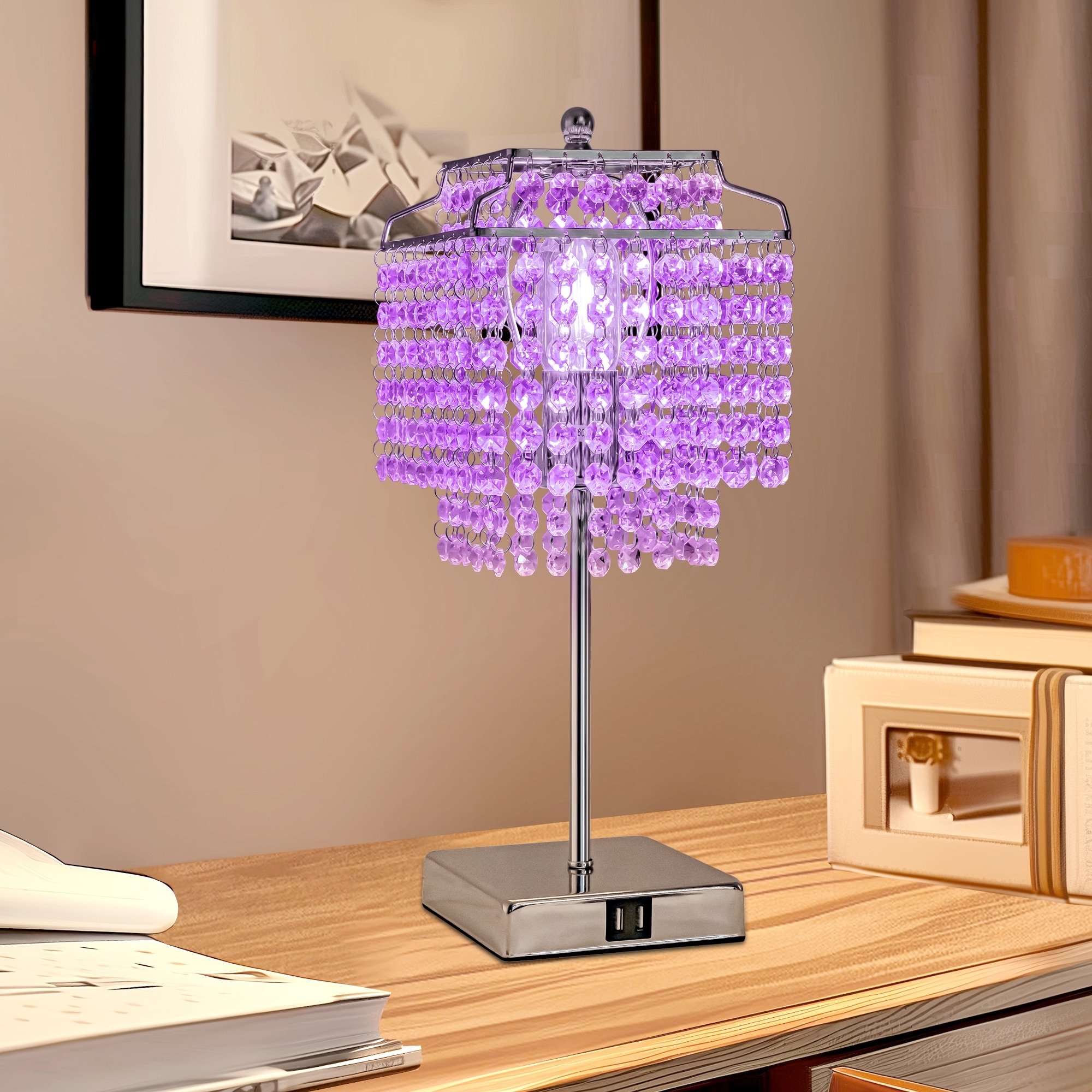 Glass Chrome and Purple Table Lamp Square Shape Dimmable Desk Lamp with No Bulbs Included for your bedroom living room