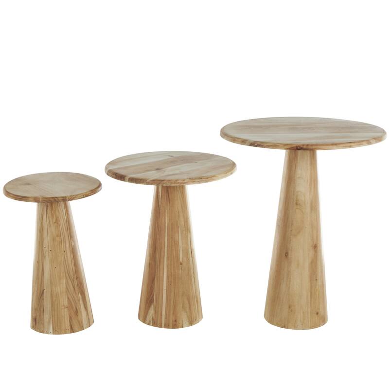 Brown or Light Brown Wood Side End Accent Table with Natural Wood Grains and Cone Shaped Bases (Set of 3)
