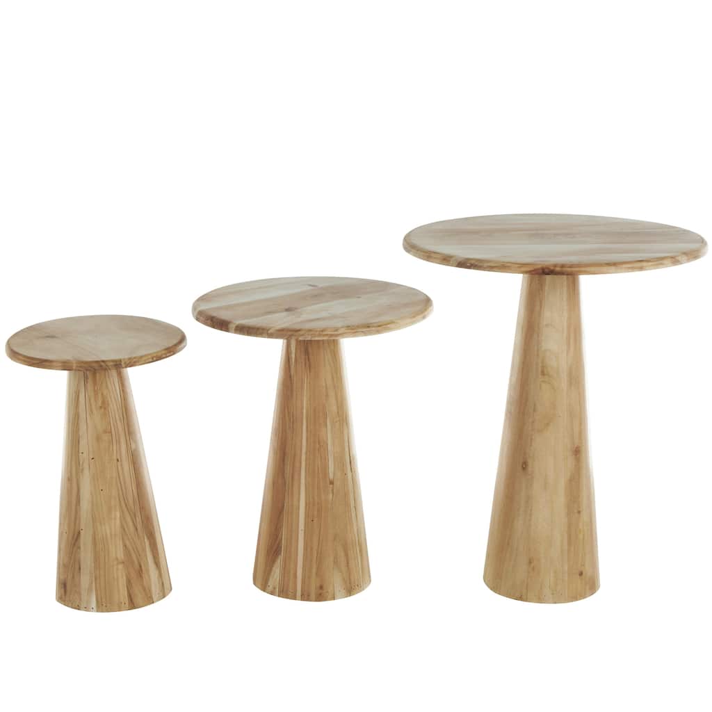 Wood Side End Accent Table with Natural Wood Grains and Cone Shaped Bases - Set of 3 Light Brown or Brown - Roche River Decor