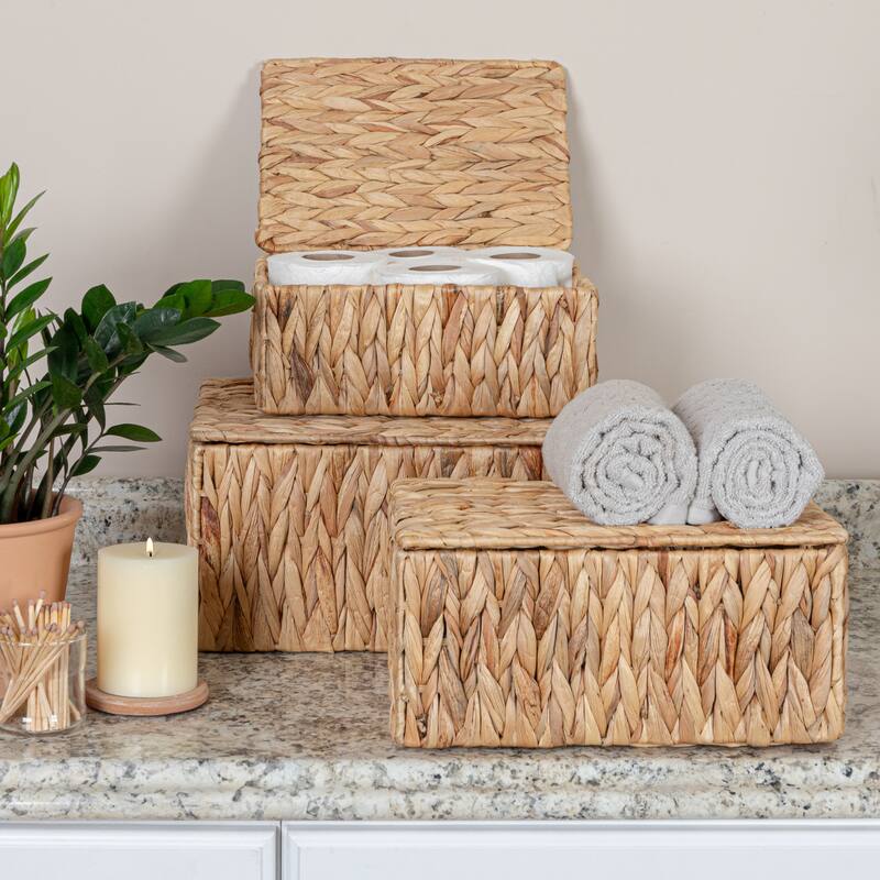Household Essentials Water Hyacinth Nesting Basket Set with Lid, Set of 3 - 14.2"L x 11.0"W x 7.1"H - 14.2"L x 11.0"W x 7.1"H - Natural
