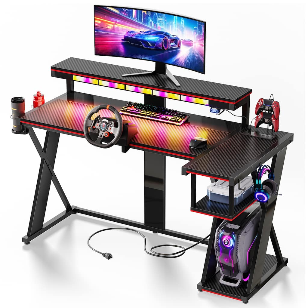 57 in. L Shape Gaming Desk with LED Lights Monitor Stand Power Outlets Cup Holder and Headphone Hook