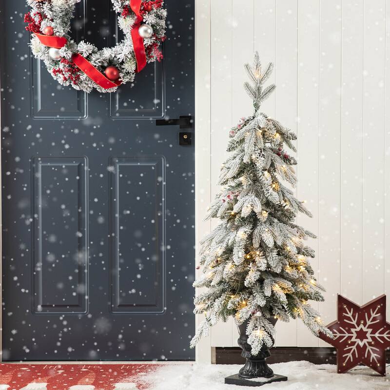 Glitzhome Artificial Christmas 5-Piece Set, 4ft Snow Flocked Artificial Potted Trees, Pinecone Berry Wreath and Teardrops