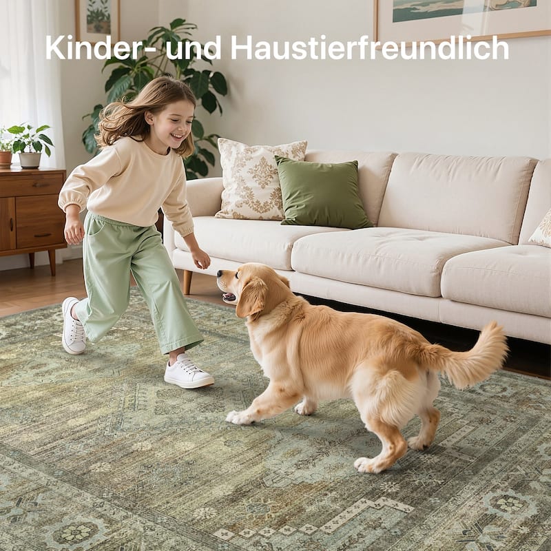 Mcow Sage Green Boho Pattern Ultra-Thin Low-Pile Washable Non-Slip Area Rug