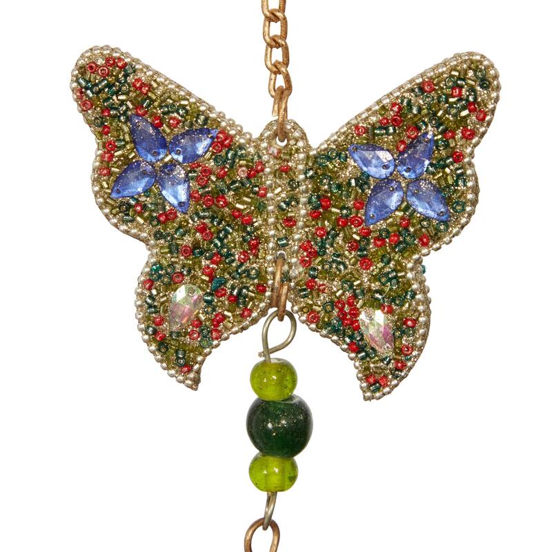 Metal Butterfly Handmade Embellished Indoor Outdoor Windchime with Glass Beads and Cone Bells - Gold - Roche River Decor