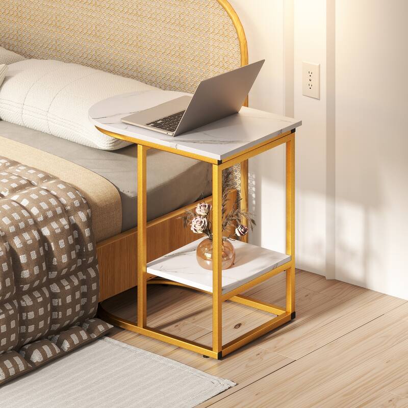 2 Tier Faux Marble C Shaped Bedside End Table with Metal Frame for Living Room Decor or Bedroom - 24" x 16" x 24"