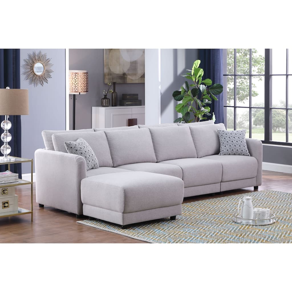 Linen Upholstered 4-Seater Sofa with Ottoman in Light Gray