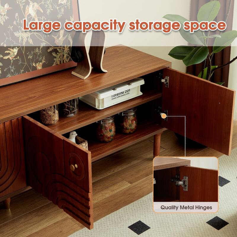 Mid-Century Modern TV Stand-Walnut Entertainment Center with 4 Storage Cabinets, Fits 55+ Inch TVs, Minimalist Design for Living