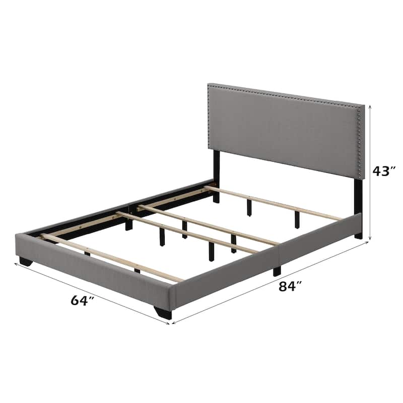 Queen Size Fabric Upholstered Platform Bed with Nailhead Trim and 660lbs Capacity