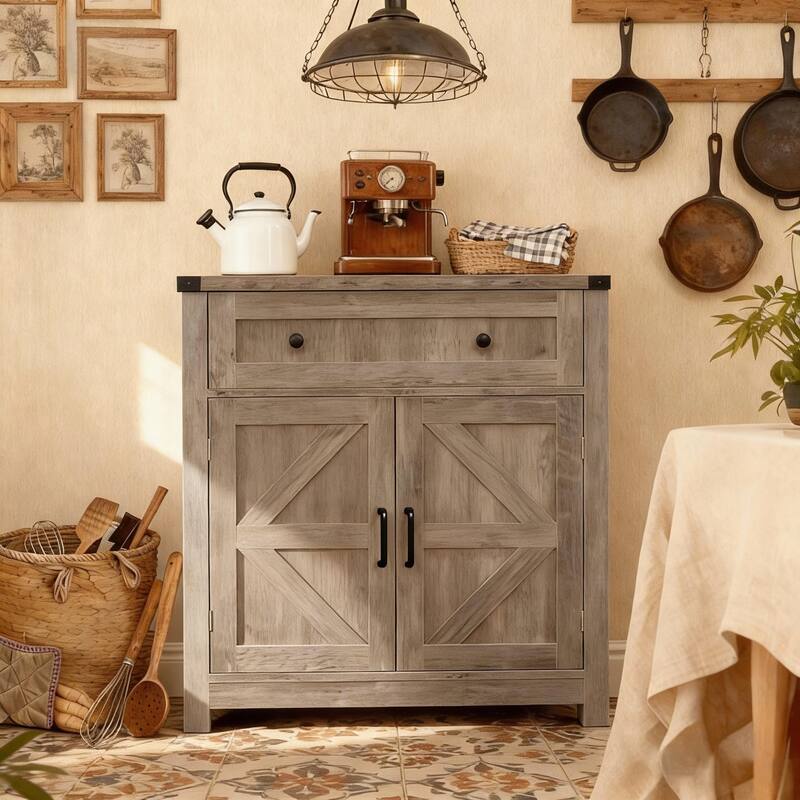 Farmhouse Barn-Door Storage Cabinet, Coffee Bar Buffet Sideboard with Drawer for Kitchen & Living Room - Light Gray