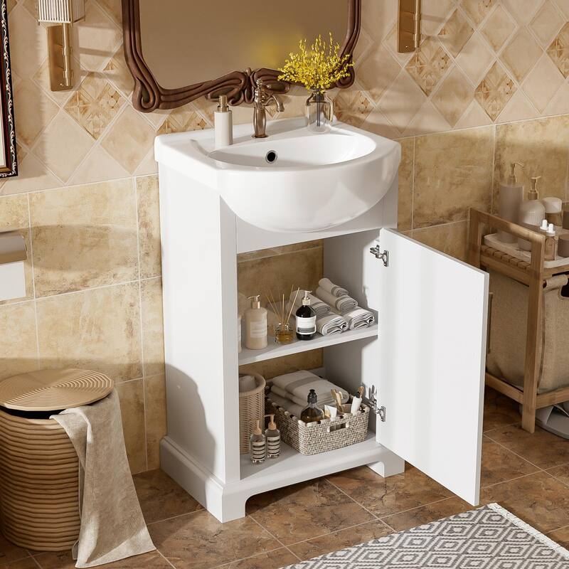 20-inch Bathroom Vanity with Ceramic Sink, Freestanding Vanity Set with Soft-Closing Door & Bulged Ceramic Basin