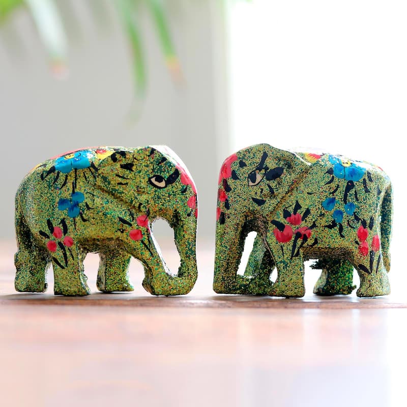 Novica Handmade Festive Green Hand-Painted Papier Mache Figurines