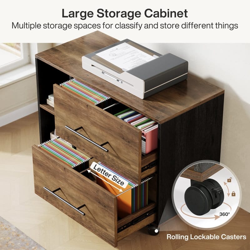 Brown Wood L Shaped Executive Desk Computer Desk with File Cabinet