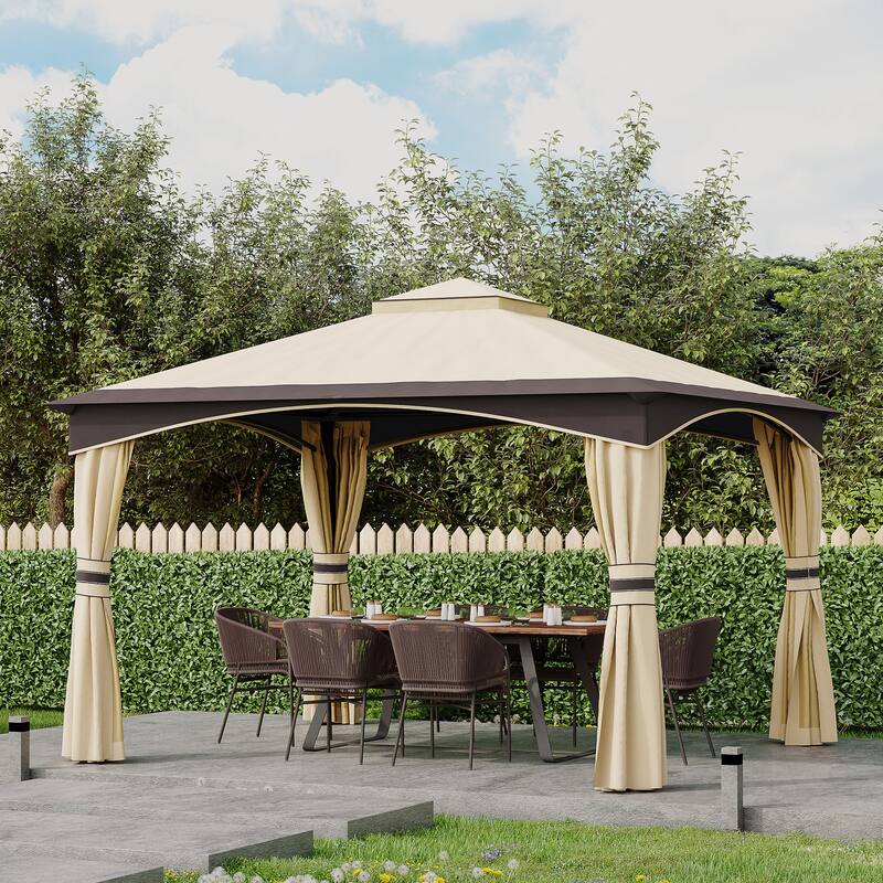 10' x 12' Outdoor Gazebo with Netting and Curtains, Patio Gazebo Canopy with 2-Tier Soft Top Roof and Steel Frame