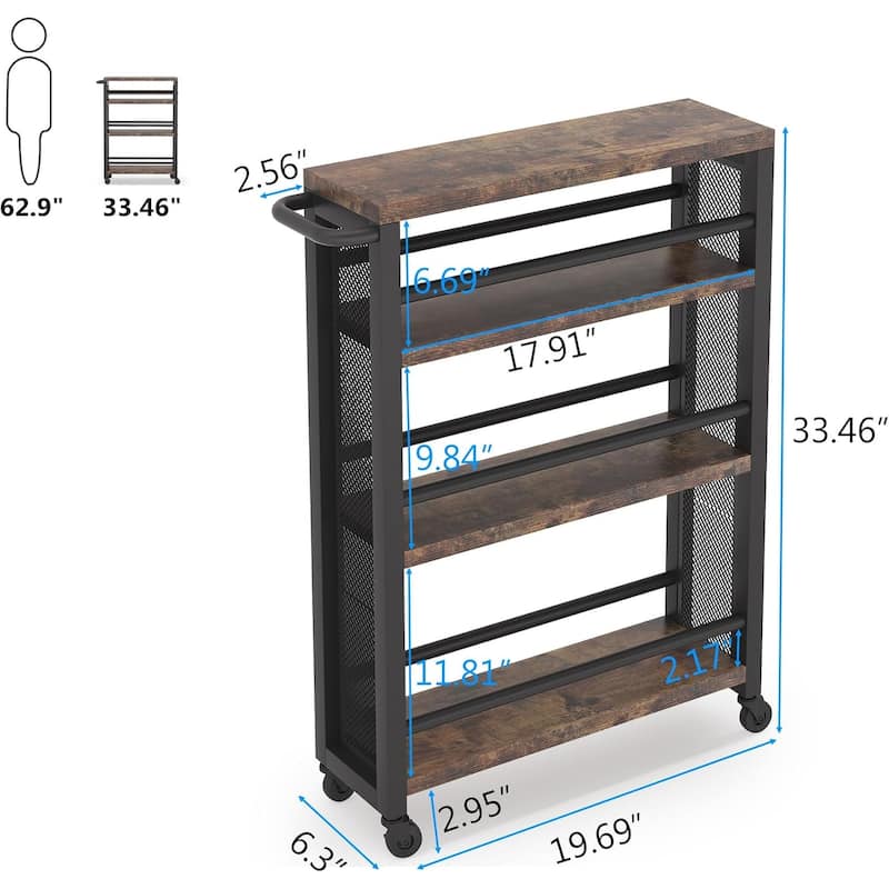 Slim Rolling Utility Carts with Wheels,4-Tier Narrow Kitchen Trolley Cart