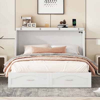 Queen Size Pull Out Murphy Bed, Solid Wood Wall Platform Bed Frame with Large Drawer and a set of Sockets and USB Ports