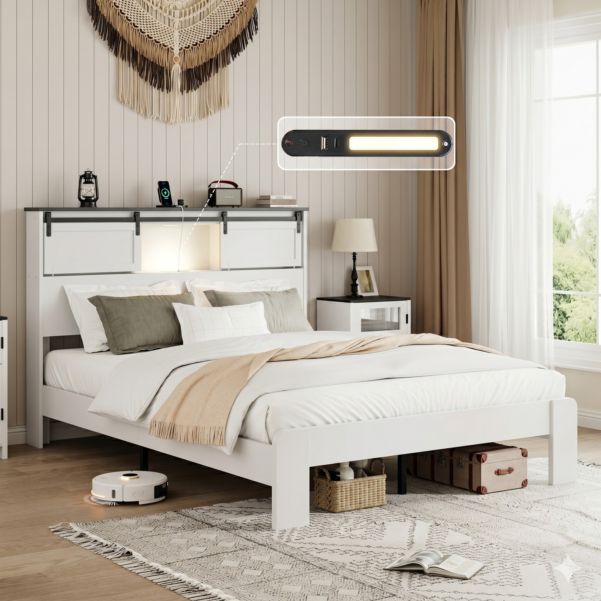 Platform Bed Frame with Charging Station and LED Light