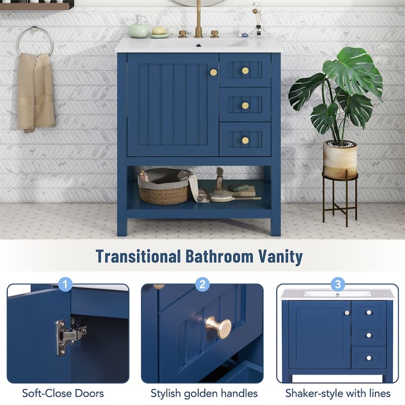 30" Transitional Style Bathroom Vanity Cabinet Combo with Ceramic Sink