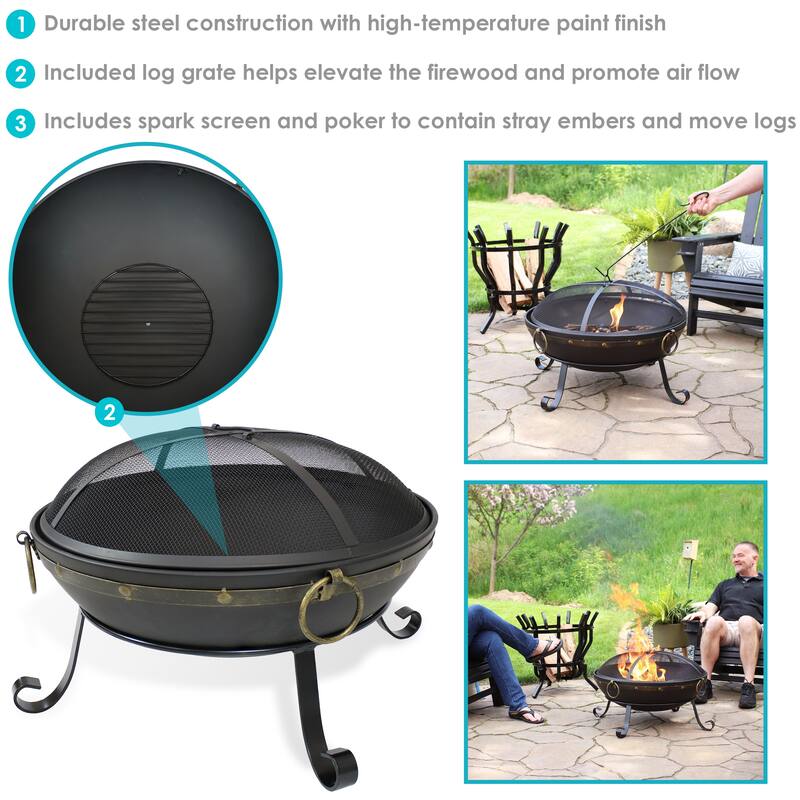 Sunnydaze Victorian Steel Fire Bowl with Handles and Spark Screen