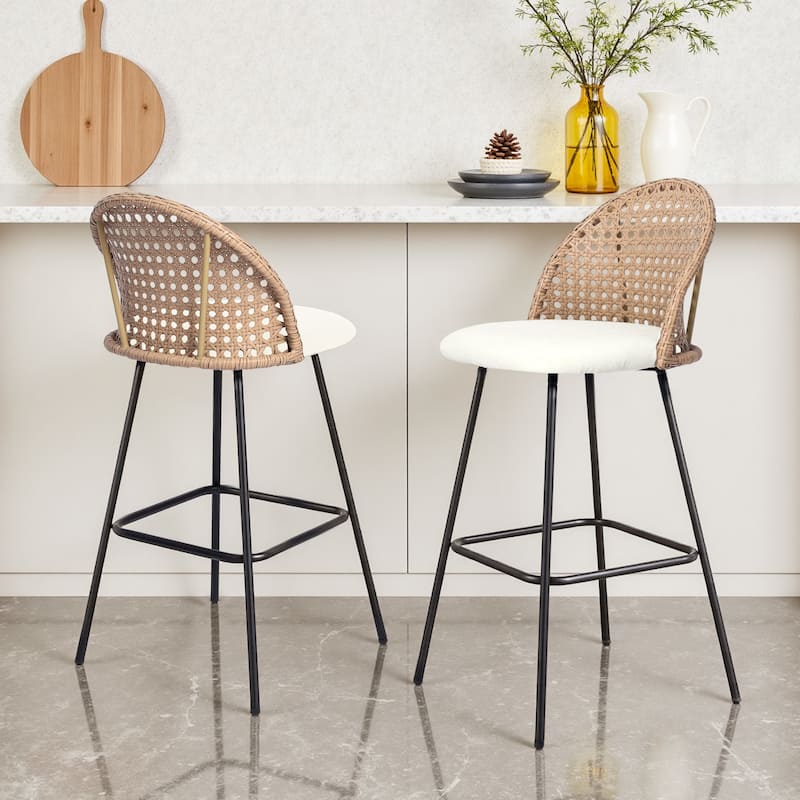 29" Upholstered Swivel Bar Stools with Rattan Back - Set of 2 - Beige