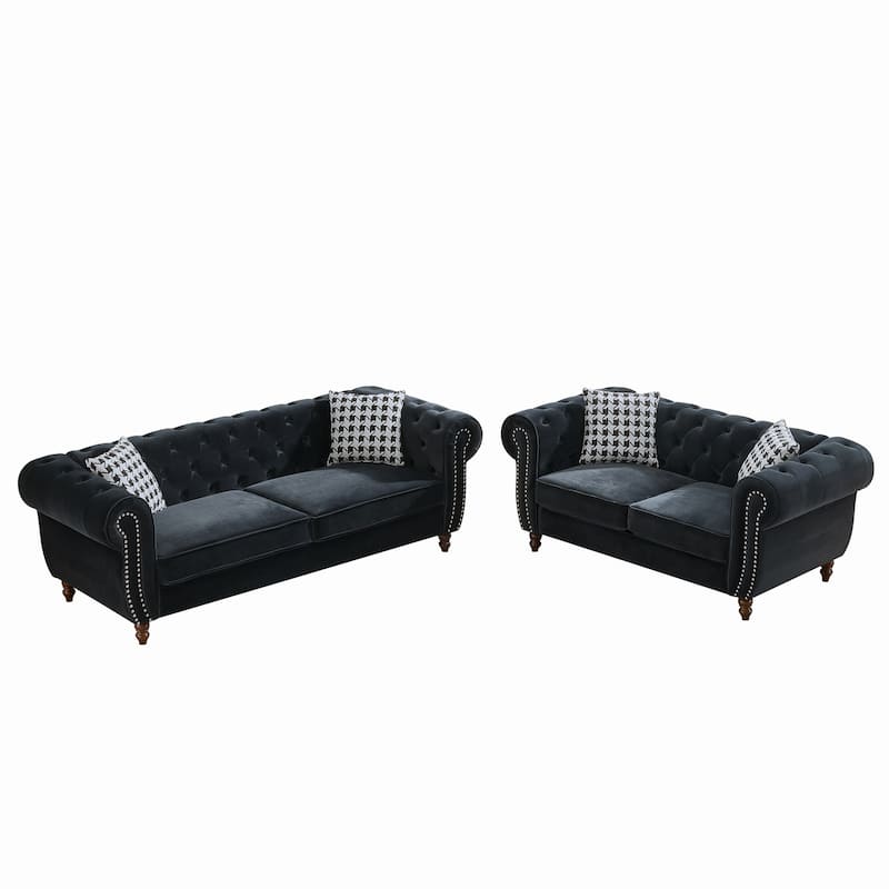 Velvet Chesterfield Sofa Set of 2 with Loveseat and 3 Seater Couch, Deep Seat Tufted Sofas with Nailhead Trim and Rolled Arms