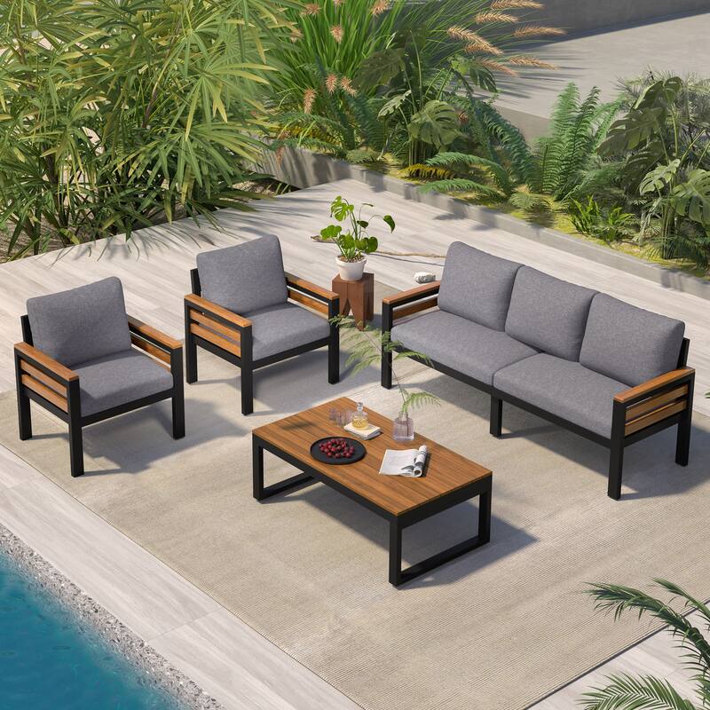4-Piece Outdoor Sofa Set with Acacia Wood Armrests & Coffee Table, for 5 People