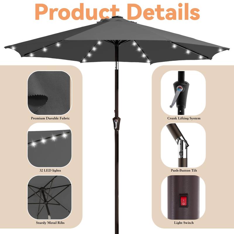 9ft Patio Market Umbrella with LED Lights,Crank & Tilt