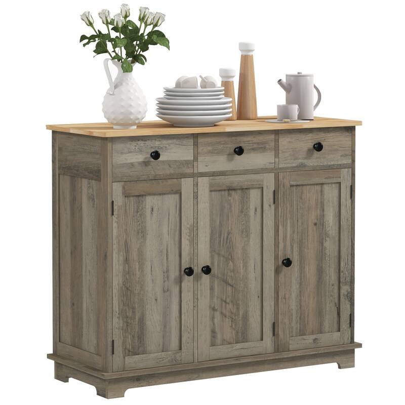 Sideboard with Solid Wood Countertop, Modern Kitchen Storage Cabinet, Bar Cabinet with 3 Drawers, Doors and Adjustable Shelf - Gray
