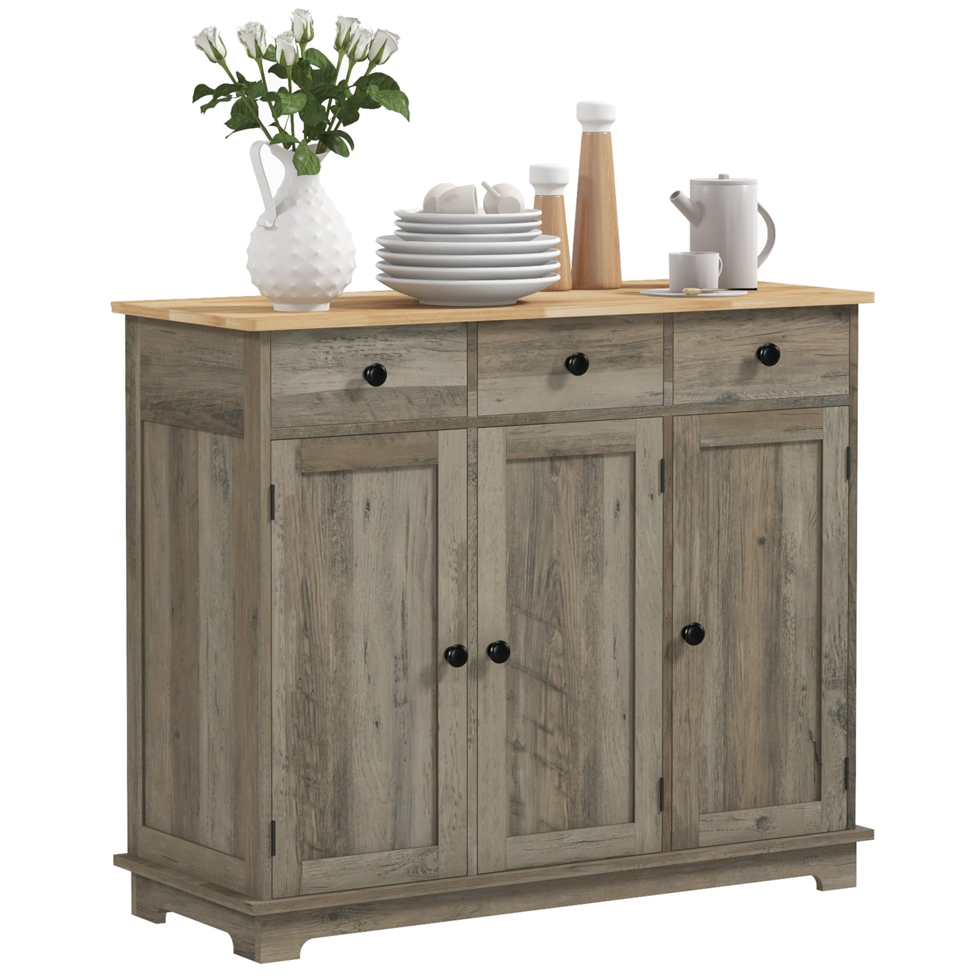 Sideboard with Solid Wood Countertop, Modern Kitchen Storage Cabinet, Bar Cabinet with 3 Drawers, Doors and Adjustable Shelf