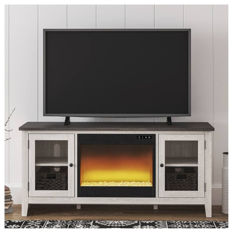 Signature Design by Ashley Dorrinson White/Gray 60" TV Stand for TVs up to 69" with Electric Fireplace - 60"W x 17.5"D x 27.75"H - 60"W x 17.5"D x 27.75"H - White/Gray