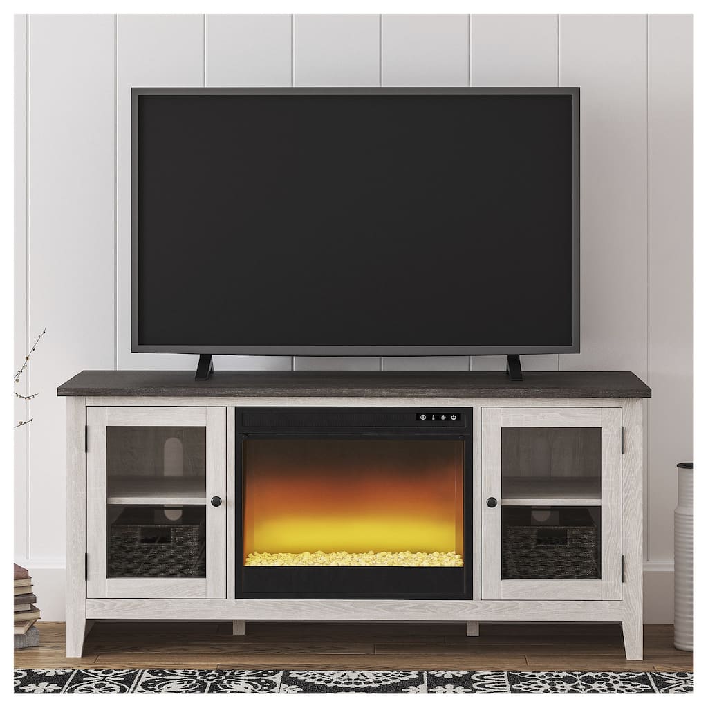 Signature Design by Ashley Dorrinson White/Gray 60" TV Stand for TVs up to 69" with Electric Fireplace - 60"W x 17.5"D x 27.75"H