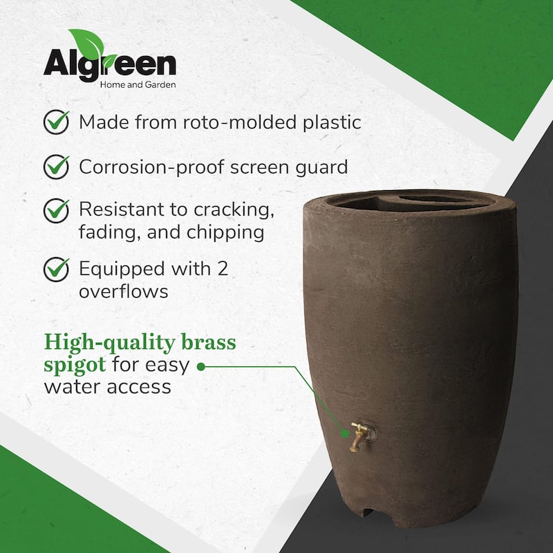 Algreen Athena 50 Gallon Plastic Rain Water Collection Drum Barrel, Brownstone - 14.5