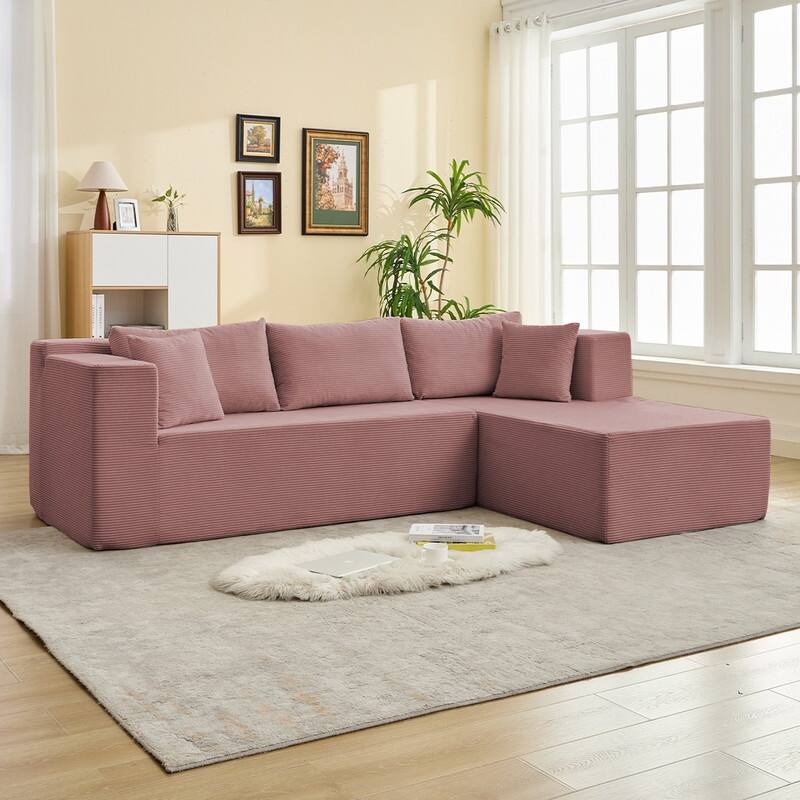 Mixoy W106'' Modern 2-Piece Free Combination Corduroy Upholstered L-Shaped Modular Sectional Sofa with Right Chaise and Pillow