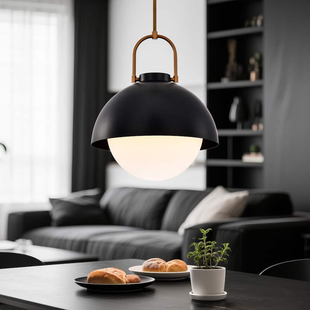 1-Light Matte Black Finish Modern Pendant Light Fixture with Opal Glass Shade for Dining Room or Kitchen Island
